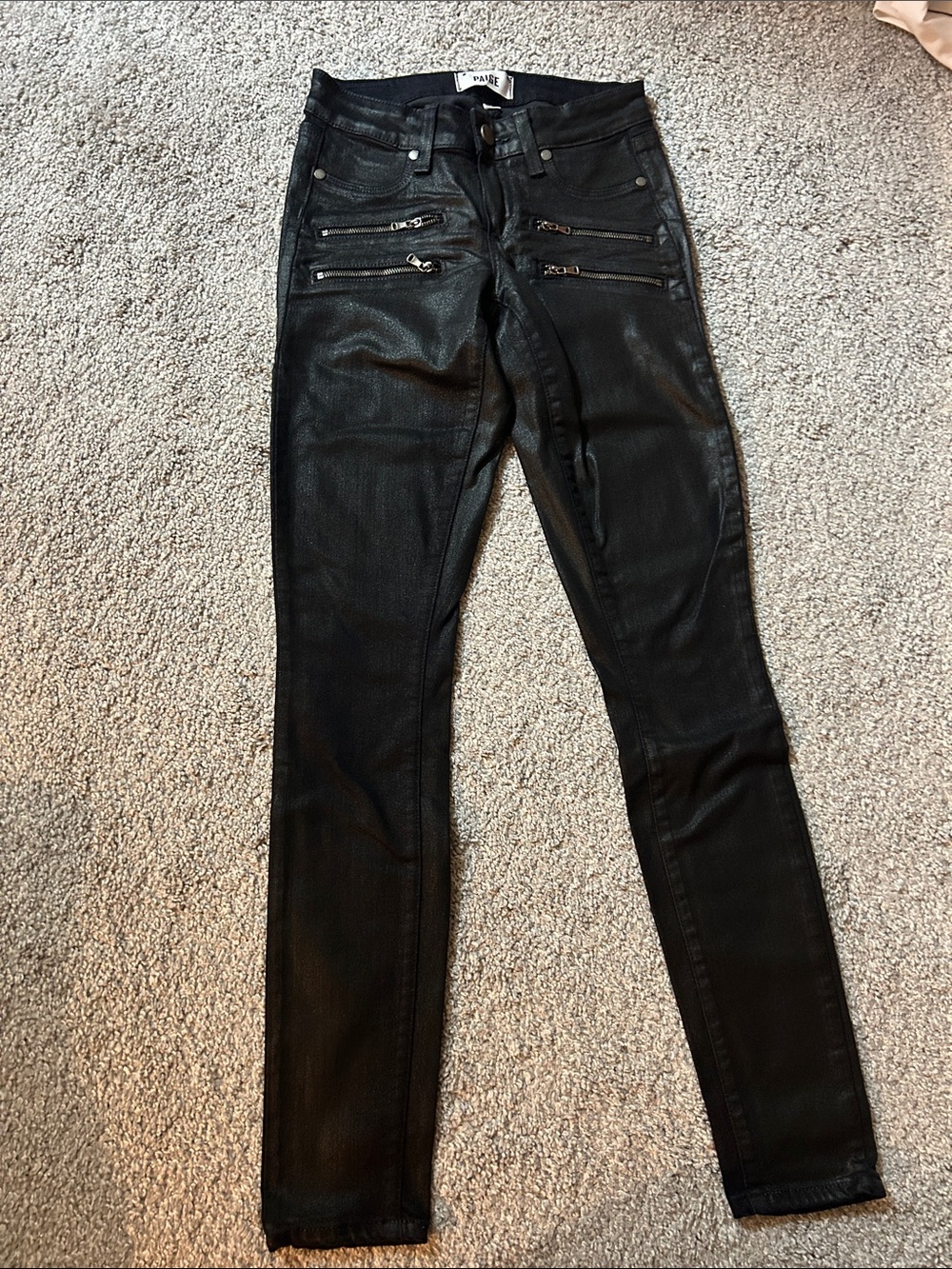 Black Coated Skinny Moto Jeans with Zipper Details